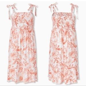 Torrid Smocked Midi Dress Peach Pink White Tropical Floral Dress 1 Spring